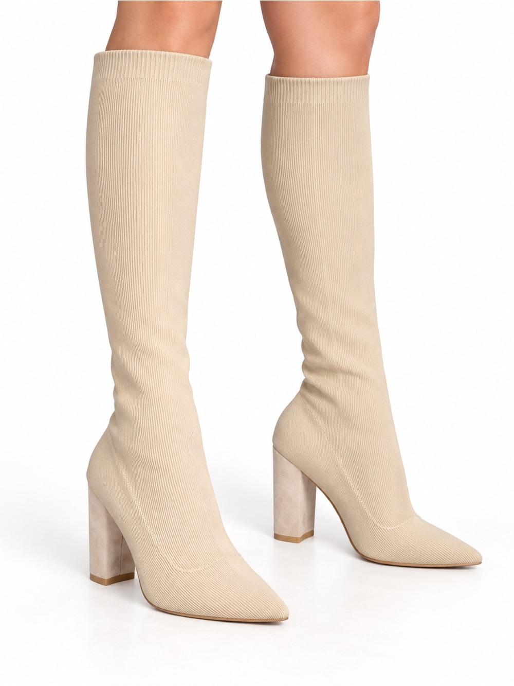 Stretch-Knit Knee-High Pointed Toe Boots in Light Beige